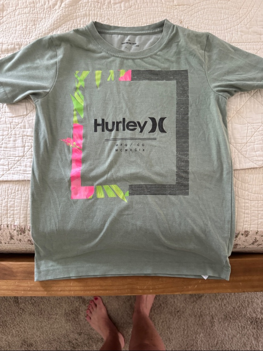 Hurley Sage Green Short-Sleeve Tee with Neon Pink & Lime Accents